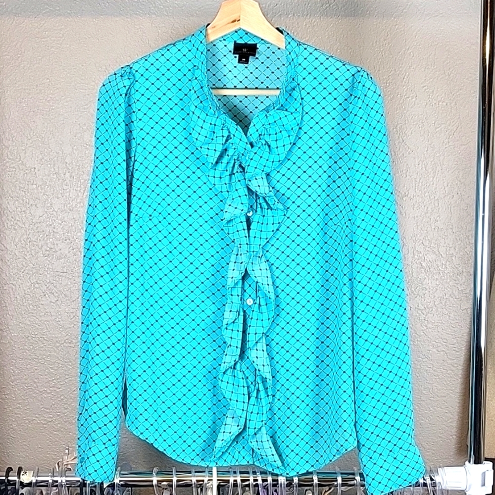 Worthington Blouse Top‎ Green Teal   Long Sleeves Ruffled Button up